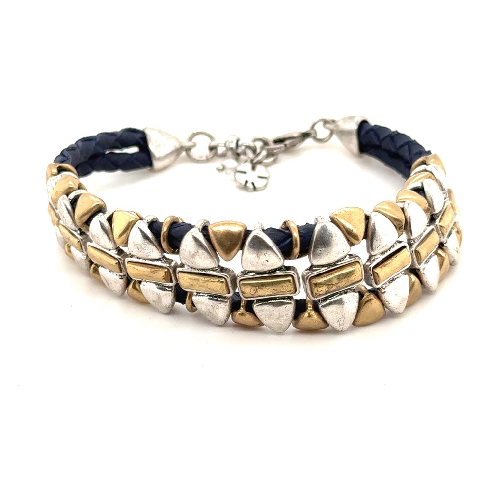 Lucky Brand Mixed Metal Black Braided Leather Geometric Two Strand Bracelet